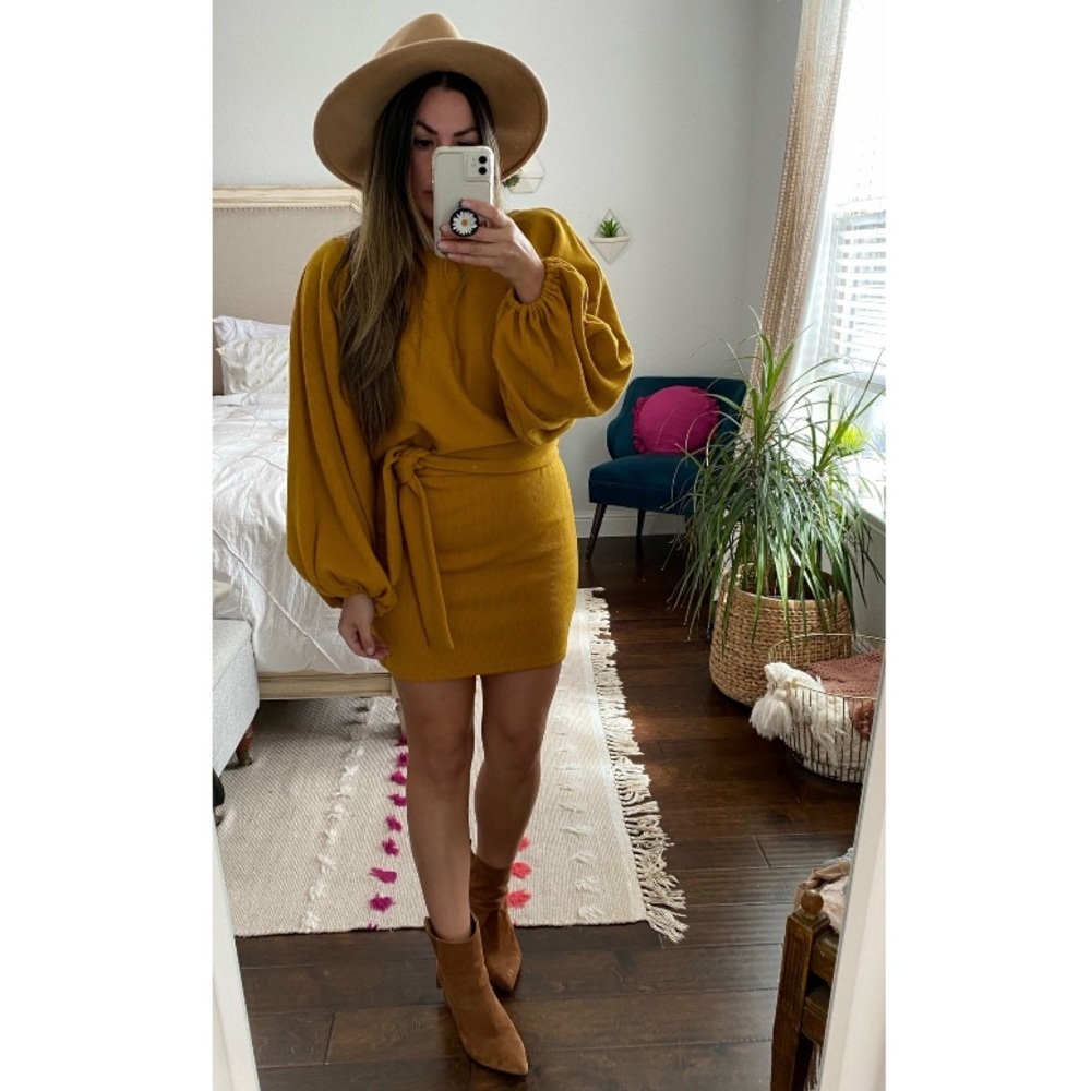 Mustard Yellow Balloon Sleeve Mini Dress L